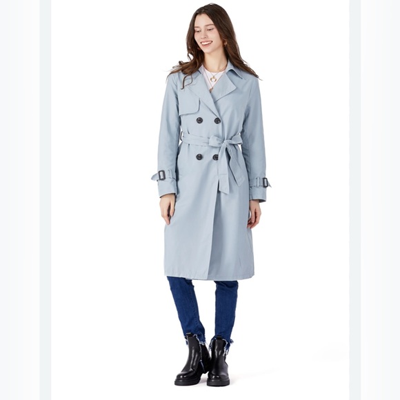 Mmecala Jackets & Blazers - Light Blue Double-Breasted Trench Coat with Belt